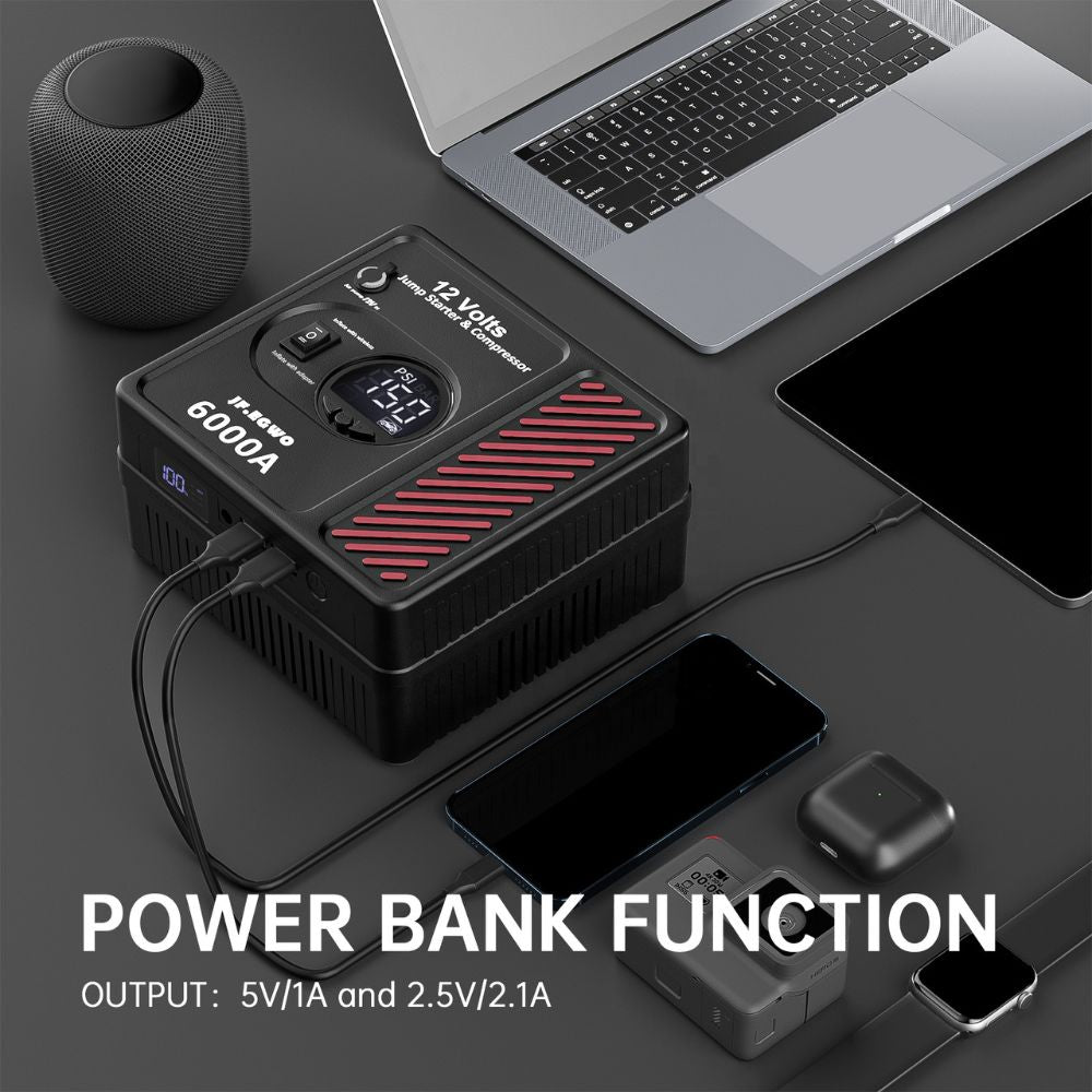 6000A Jump Starter with Air Compressor – Heavy-Duty Car Battery Booster