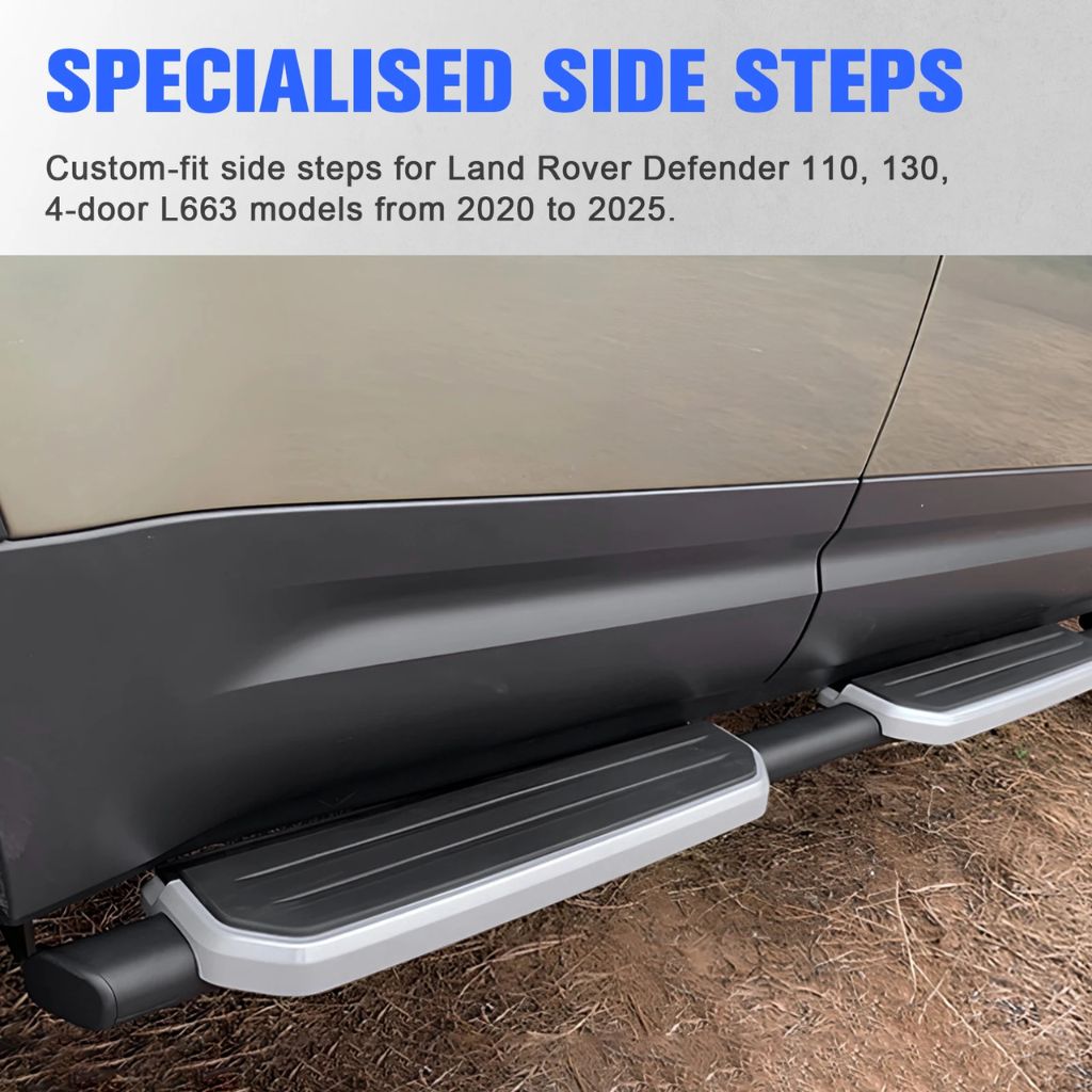 Land Rover Defender showing specialized custom-fit side steps for models 110 and 130 from 2020 to 2025.