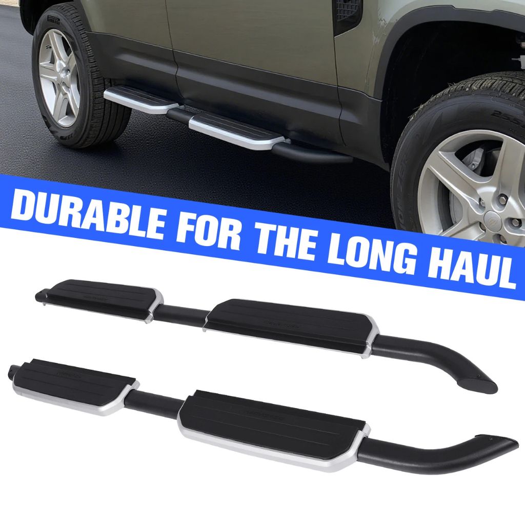 Side steps running boards installed on Land Rover Defender showing durable construction and sleek fit.
