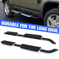 Side steps running boards installed on Land Rover Defender showing durable construction and sleek fit.