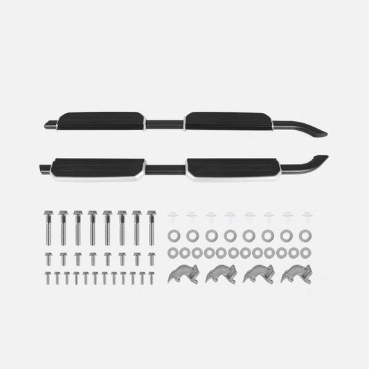 Complete side steps running boards kit for Land Rover Defender including boards, brackets, bolts, and mounting hardware.