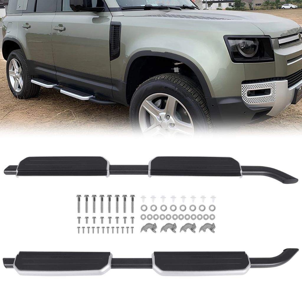Running boards and mounting hardware displayed with Land Rover Defender in background.