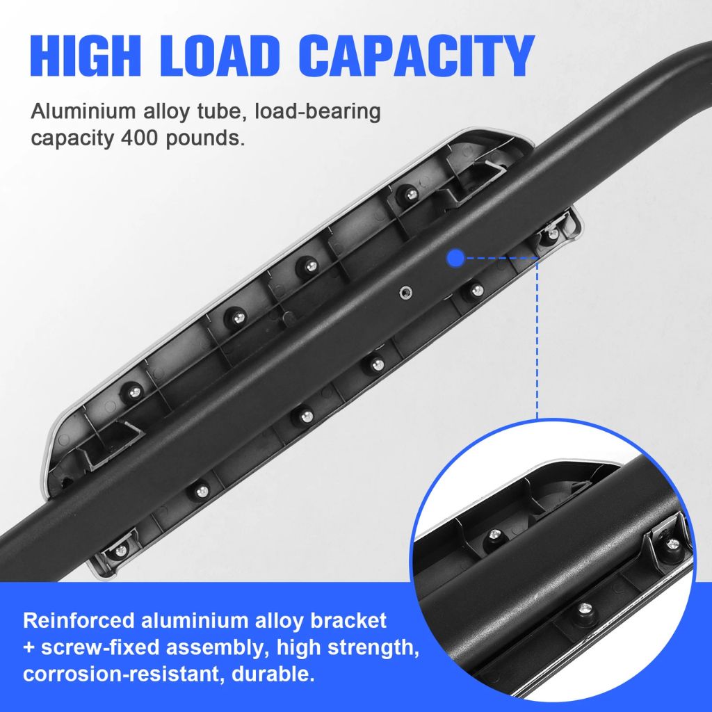 Close-up view of underside of running board showing reinforced aluminum bracket and 400-lb load capacity.