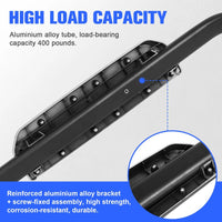 Close-up view of underside of running board showing reinforced aluminum bracket and 400-lb load capacity.