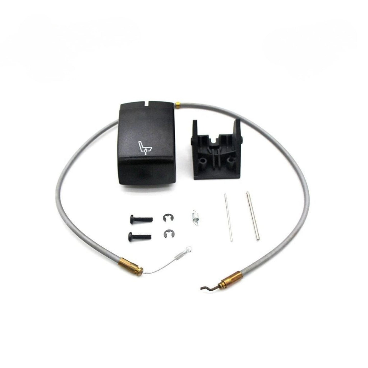 Seat tilt control switch cable repair kit with housing, cable, screws, clips, and hardware displayed on white background.