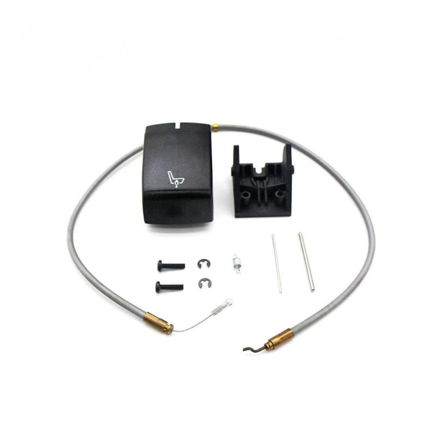 Seat tilt control switch cable repair kit with housing, cable, screws, clips, and hardware displayed on white background.