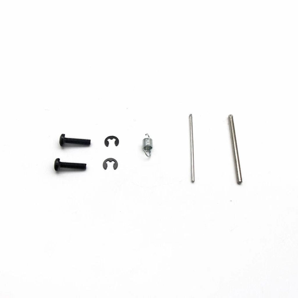 Small hardware components for seat tilt control kit including screws, clips, spring, and pins.