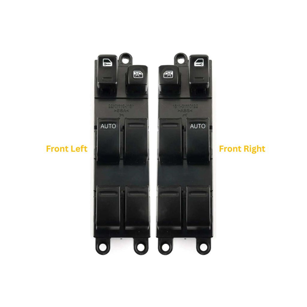 Front left and front right power window master control switches shown side-by-side with labeled auto buttons.